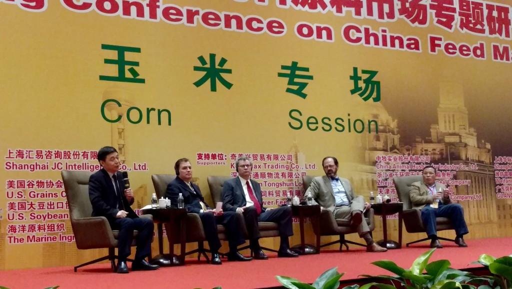Alvaro Cordero, USGC Washington, Bryan Lohmar, USGC China and Wayne Cleveland, TGSB, field questions regarding US grain supply and quality during the Spring Grains Conference hosted by JC International (China) and US Grains Council.